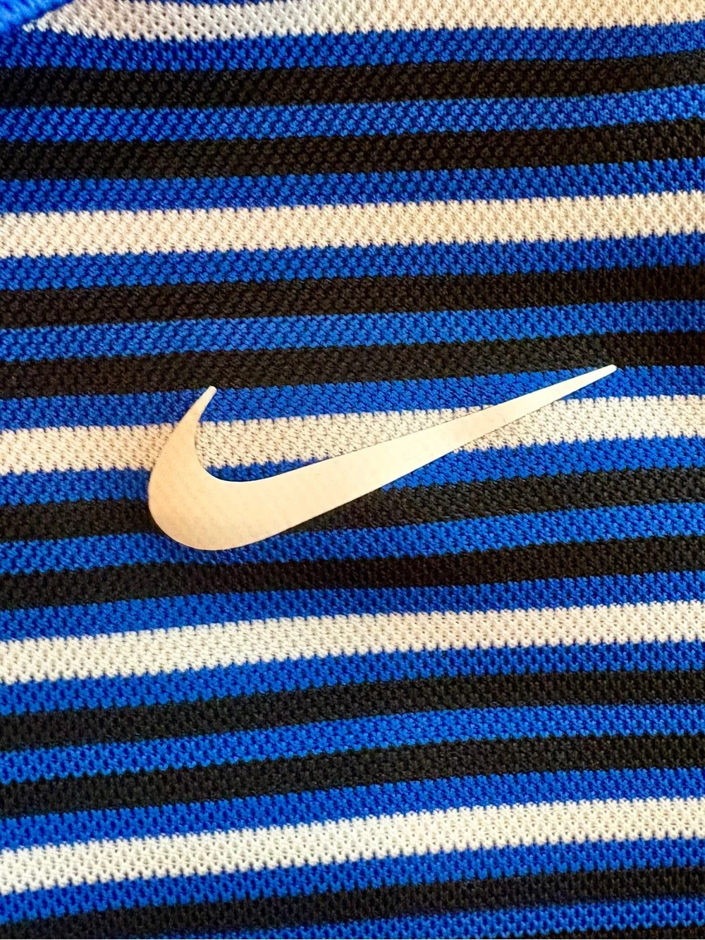 Nike Dri-FIT Boys Blue Black White Striped Performance Golf Polo Shirt, Large L